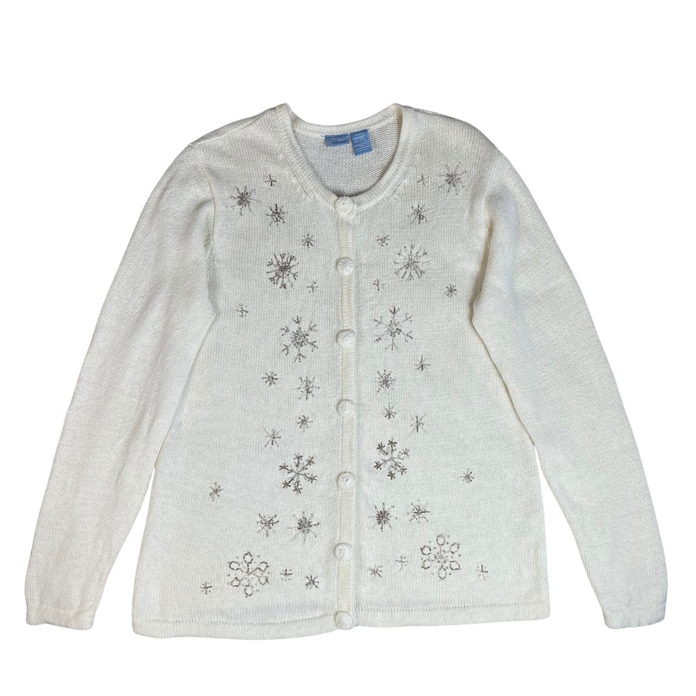 Vintage Cream Snowflake Holiday Beaded‎ Cardigan Sweater Large Winter Christmas